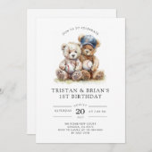 Twin Teddy Bear Watercolor Boy's 1st Birthday  Kaart (Voorkant / Achterkant)