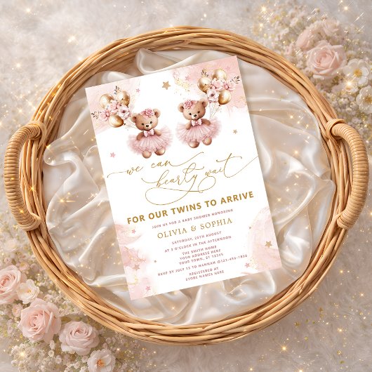 Twin Teddy Bear We Can Bearly Wait Baby Shower Kaart