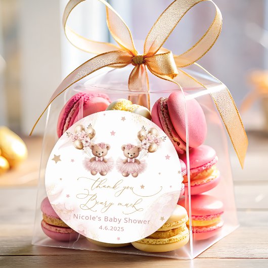 Twin Teddy Bears Balloon Bearly Wait Baby shower Ronde Sticker