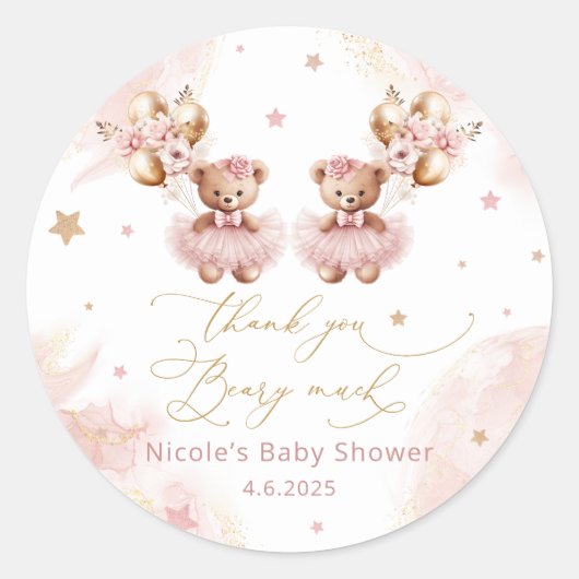 Twin Teddy Bears Balloon Bearly Wait Baby shower Ronde Sticker (Voorkant)
