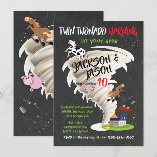 Twin Tornado Birthday Party Invitation Kaart (Voorkant / Achterkant)