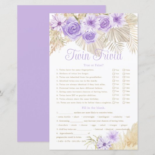 Twin Trivia Game Pampas Lavender Boho Baby shower (Voorkant / Achterkant)