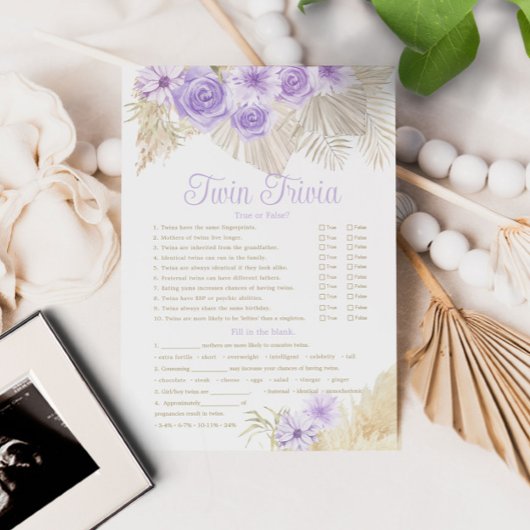 Twin Trivia Game Pampas Lavender Boho Baby shower Kaart