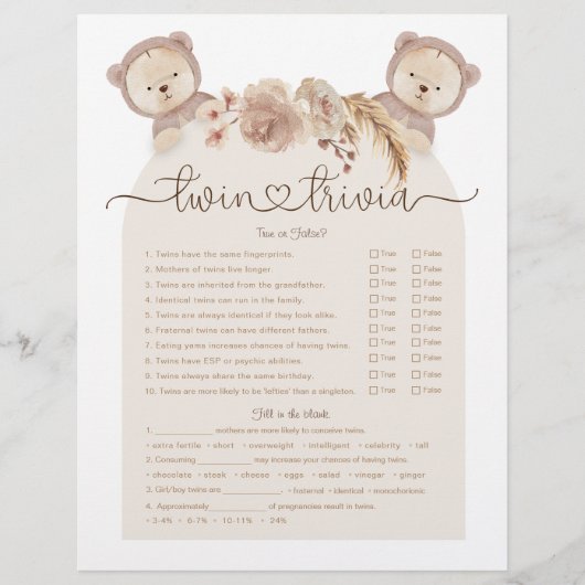 Twin Trivia Game Tan Boho Beer Baby shower (Voorkant)