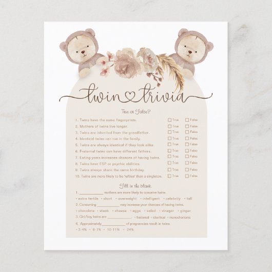 Twin Trivia Game Tan Boho Beer Baby shower (Voorkant)