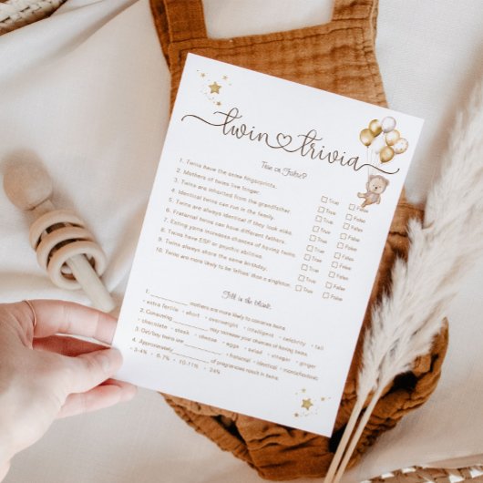 Twin Trivia Game Teddy Bear Gold Balloons Stars Kaart