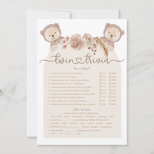 Twin Trivia Game Waterverf Boho Beer Baby shower Kaart (Voorkant)