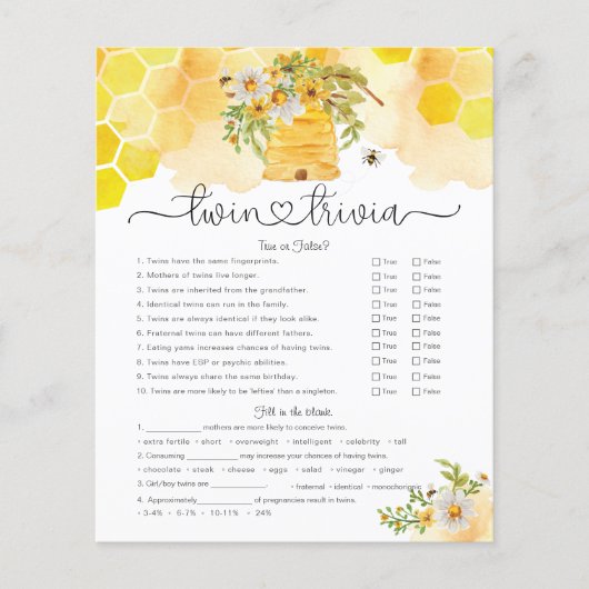 Twin Trivia Honey Bee Baby shower Game (Voorkant)