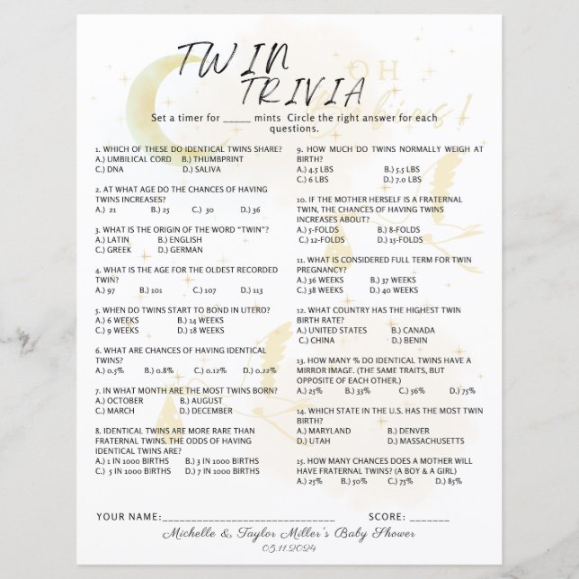 Twin Trivia Spel, Oh Baby's Neutrale Twin ooievaar (Voorkant)