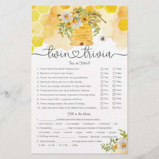 Twin Trivia Sweet as Can Bee Baby shower Game (Voorkant)