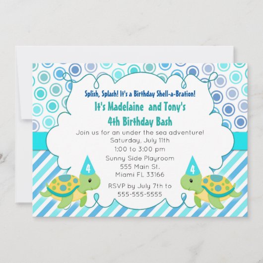 Twin Turtle Invitation Girl Boy Birthday Party Kaart (Voorkant)