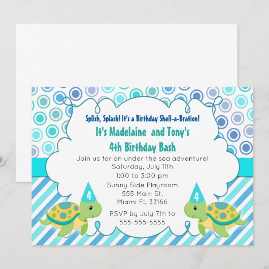 Twin Turtle Invitation Girl Boy Birthday Party Kaart (Voorkant / Achterkant)