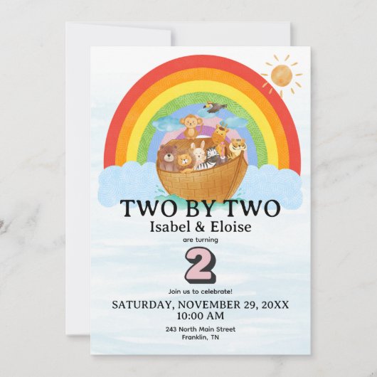 TWIN Two by Two Noah's Ark Girl Birthday Invite (Voorkant)