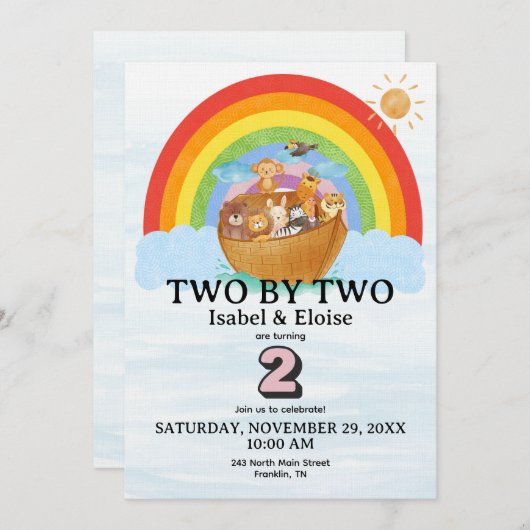 TWIN Two by Two Noah's Ark Girl Birthday Invite Kaart (Voorkant / Achterkant)