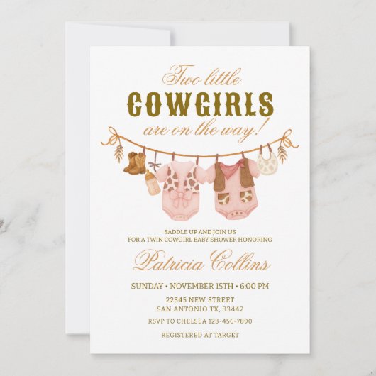 Twin Two Little Cowgirls Clothsline Baby shower Kaart (Voorkant)