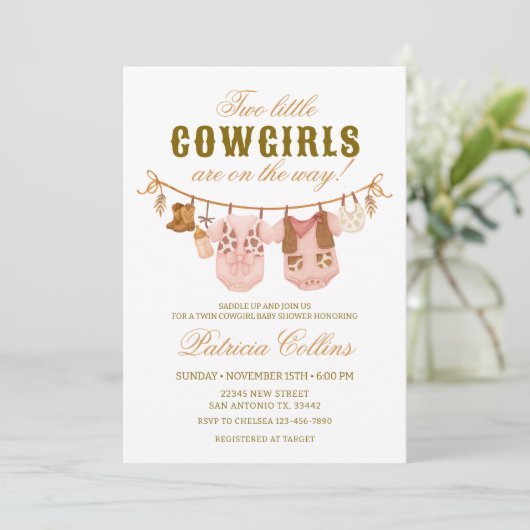 Twin Two Little Cowgirls Clothsline Baby shower Kaart (Staand voorkant)