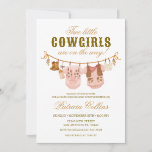 Twin Two Little Cowgirls Clothsline Baby shower Kaart