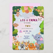 Twin Wild Animals Party Invitation Kaart (Voorkant / Achterkant)
