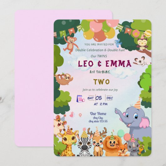 Twin Wild Animals Party Invitation Kaart (Voorkant / Achterkant)