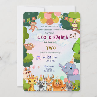 Twin Wild Animals Party Invitation Kaart