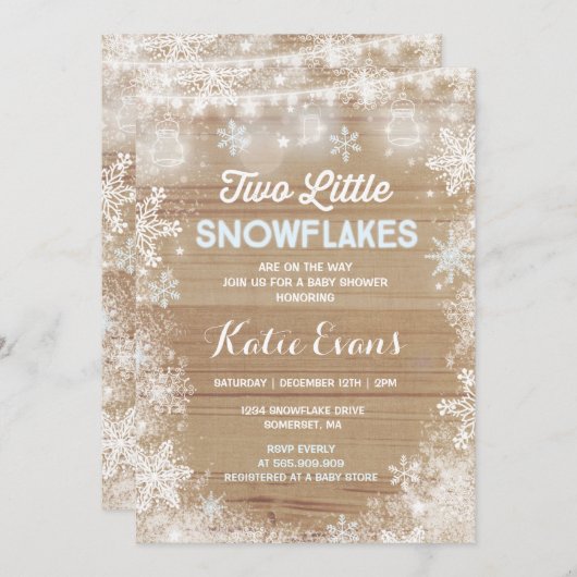 Twin Winter Baby shower Invitation Rustic Blue Kaart (Voorkant / Achterkant)