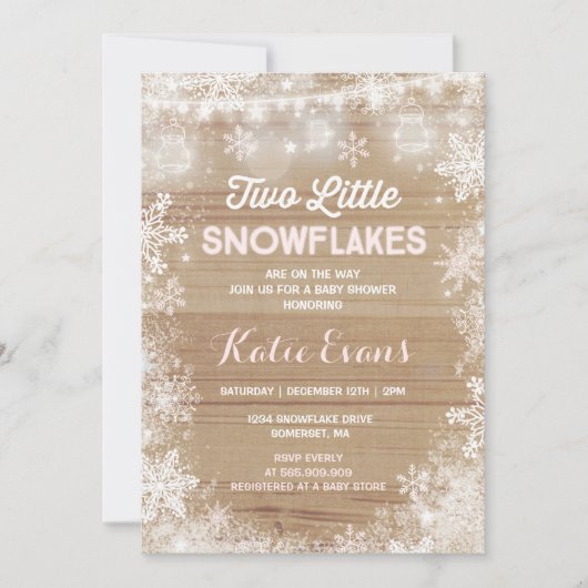 Twin Winter Baby shower Invitation Rustic Pink Kaart (Voorkant)