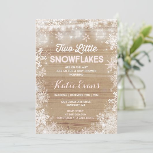 Twin Winter Baby shower Invitation Rustic Pink Kaart (Staand voorkant)