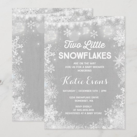 Twin Winter Baby shower Invitation Rustic White Kaart (Voorkant / Achterkant)