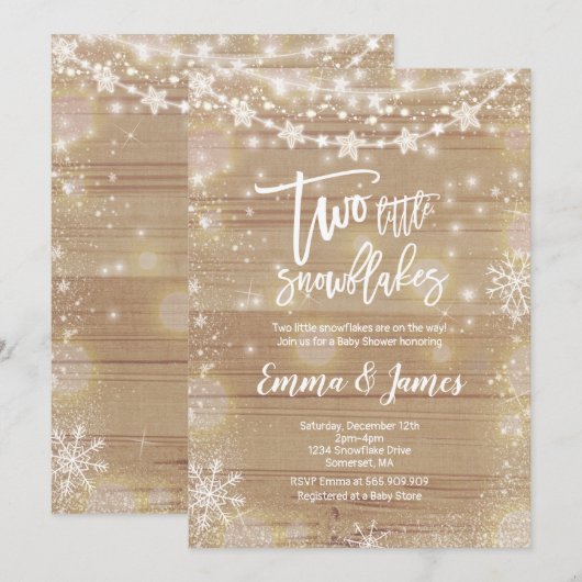 Twin Winter Baby shower Invitation Rustic White Kaart (Voorkant / Achterkant)
