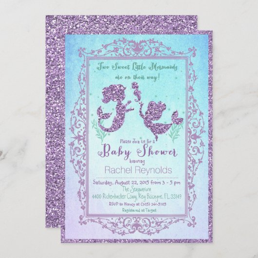 TWIN Zeemeermin Onder het Zee Baby shower Invitati Kaart (Voorkant / Achterkant)