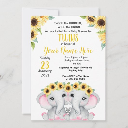 TWIN Zonnebloem Meisjes Olifant Geel Roze Douche Kaart (Voorkant)