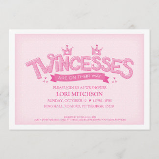 Twincess Twin Girls Baby shower Uitnodiging (Roze)