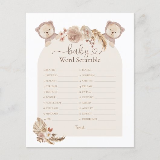 Twinden Beren Word Scramble Baby shower Game (Voorkant)