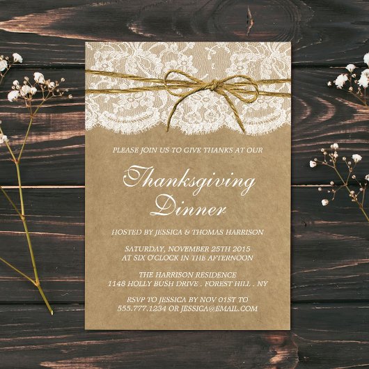 Twine Bow On Kraft & Lace Thanksgiving Dinner Kaart