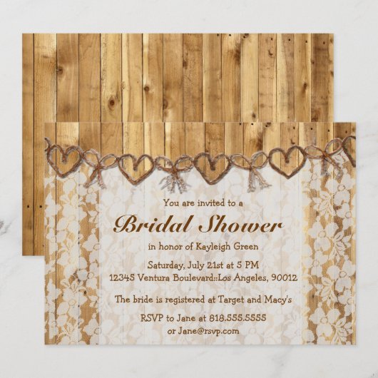 Twine Rustic Lace Wedding Invitation Kaart (Voorkant / Achterkant)