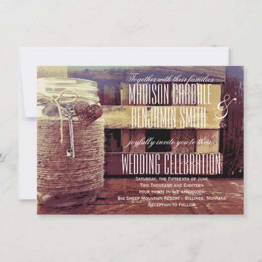 Twine Wrapped Mason Jar Heart Key Wedding Invites Kaart (Voorkant)