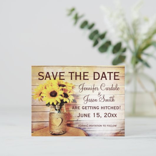 Twine Wrapped Mason Jar Sunflower Save the Date Briefkaart (Staand voorkant)