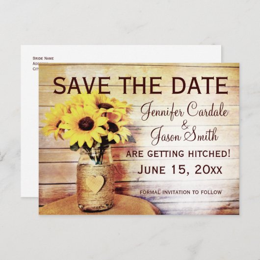 Twine Wrapped Mason Jar Sunflower Save the Date Briefkaart (Voorkant / Achterkant)