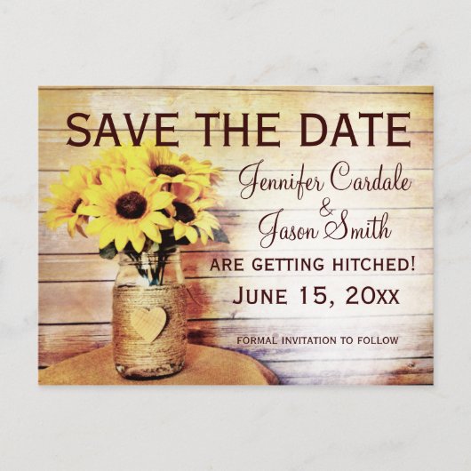 Twine Wrapped Mason Jar Sunflower Save the Date Briefkaart (Voorkant)