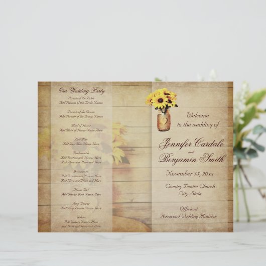 Twine Wrapped Mason Jar Sunflower Wedding Programm (Staand voorkant)