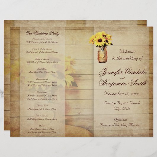 Twine Wrapped Mason Jar Sunflower Wedding Programm (Voorkant / Achterkant)