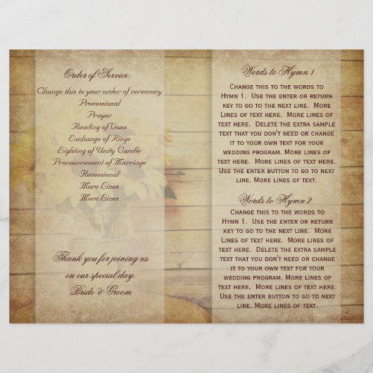 Twine Wrapped Mason Jar Sunflower Wedding Programm (Achterkant)