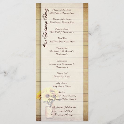 Twine Wrapped Mason Jar Sunflower Wedding Programs Programmakaart (Achterkant)