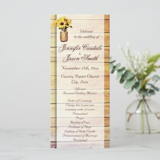 Twine Wrapped Mason Jar Sunflower Wedding Programs Programmakaart (Staand voorkant)