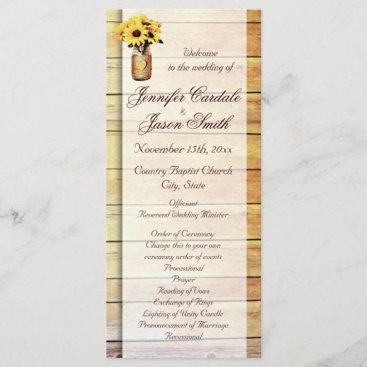Twine Wrapped Mason Jar Sunflower Wedding Programs Programmakaart (Voorkant)