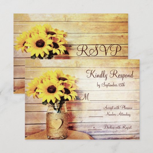 Twine Wrapped Mason Jar Sunflower Wedding RSVP (Voorkant / Achterkant)