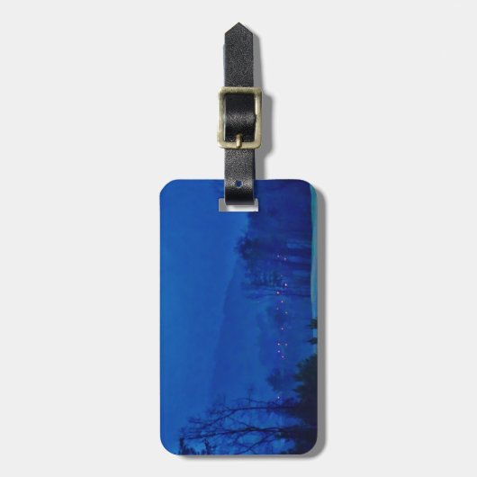 Twinkellichten in een blauw gebergte bagagelabel (Voorkant verticaal)