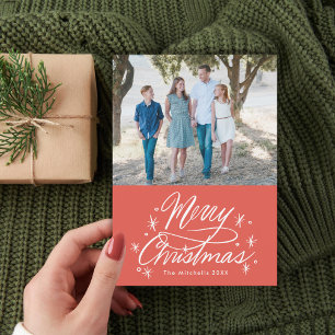 Twinking Hand Lettered Merry Kerstfoto Rood Feestdagenkaart