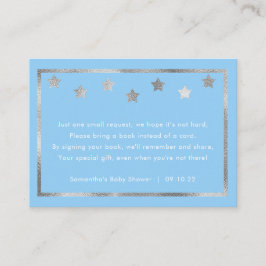 Twinkle Baby shower boekaanvraag, blauw zilver Informatiekaartje