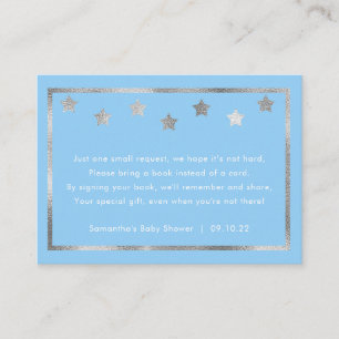 Twinkle Baby shower boekaanvraag, blauw zilver Informatiekaartje